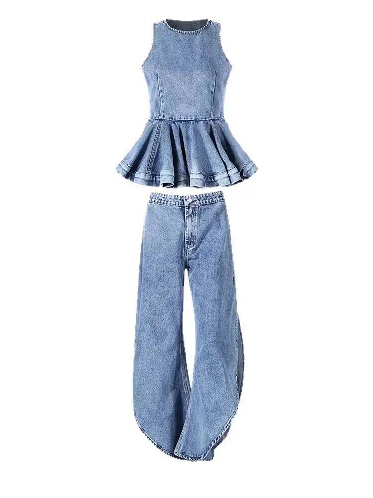 Women'S Fashion Overalls - Ruffles Tank Blue Top Wide Leg