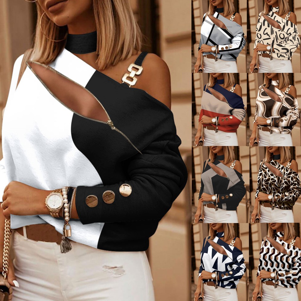 Women Fashion Styles - Women's Off Shoulder Blouse with Button