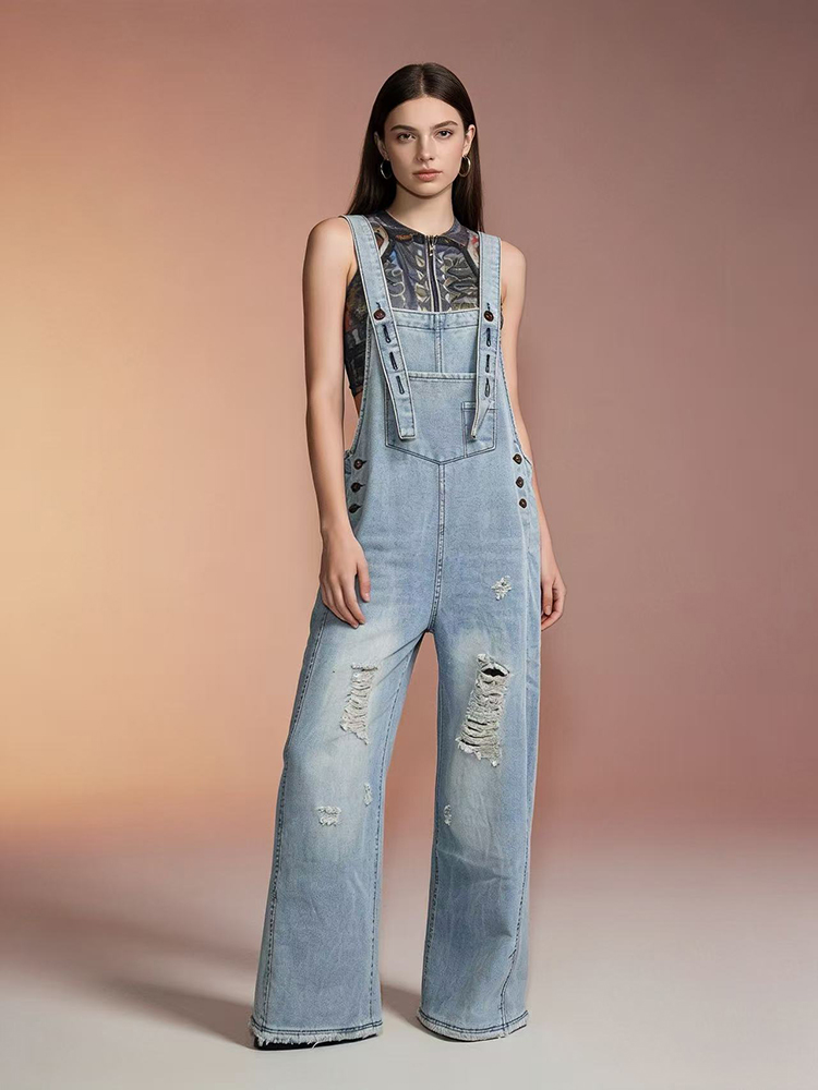 Women'S Fashion Overalls - Fashion Retro Ripped Hole Denim Overalls