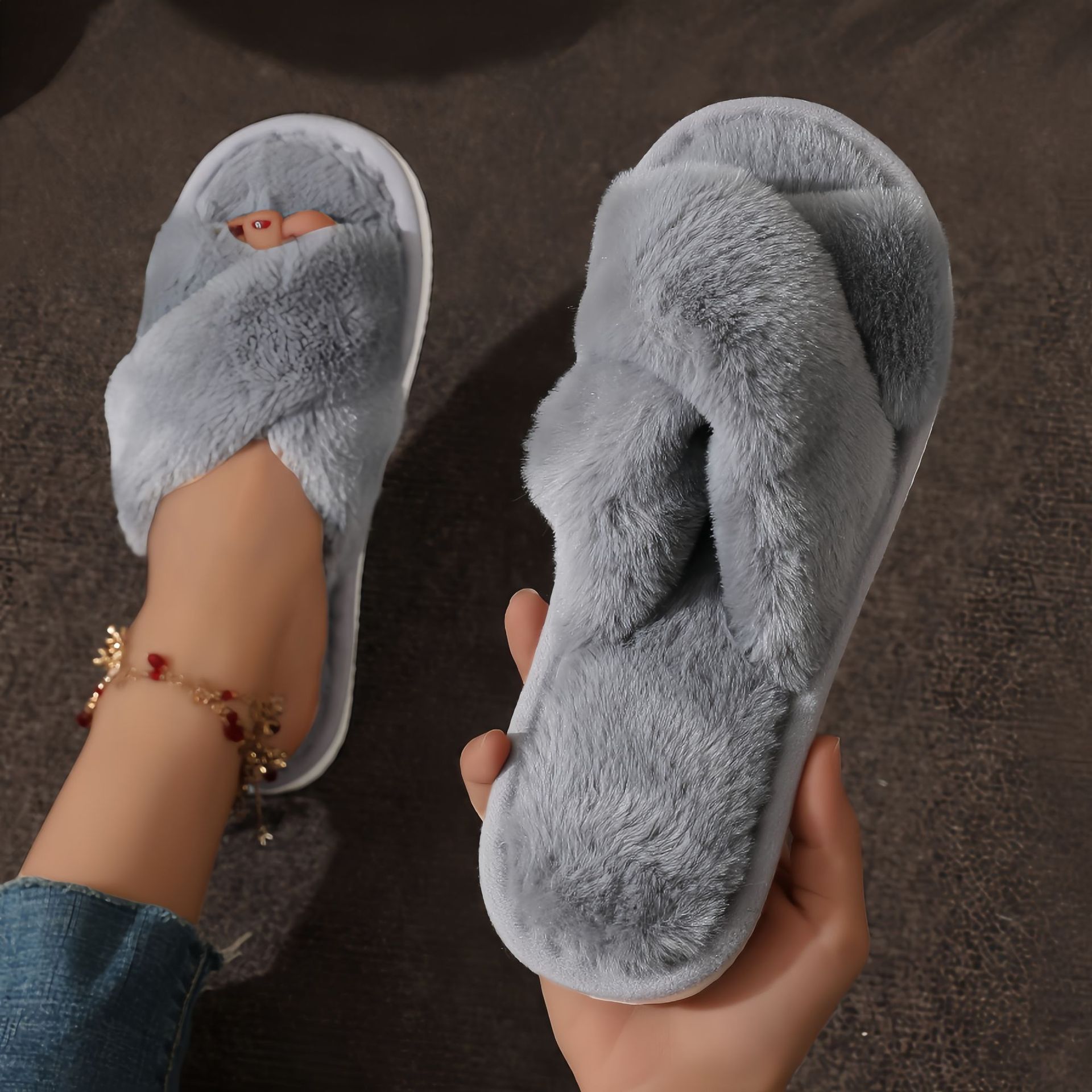Women'S Fashion Winter 2025 - Home Fuzzy Cross Slipper Women Winter