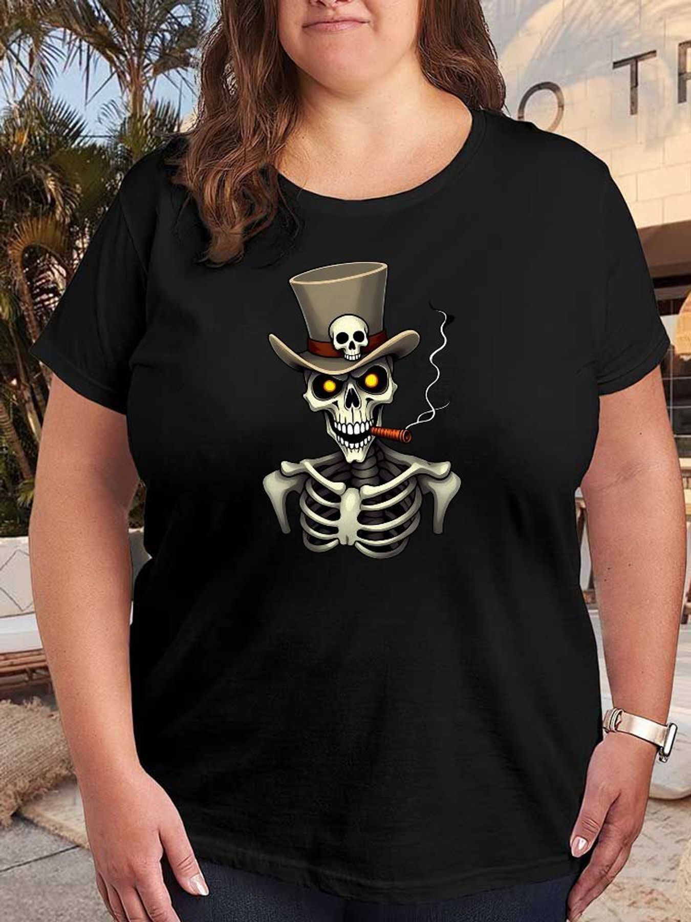Women Fashion Hats - Skull Top Hat Graphic T Shirt